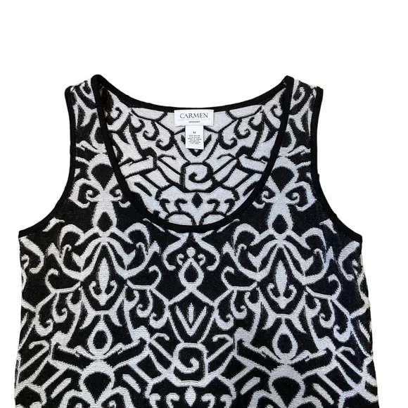 Carmen Marc Valvo Knit Dress Black + Ivory Body-con Jacquard/Damask Prin… - Picture 6 of 13